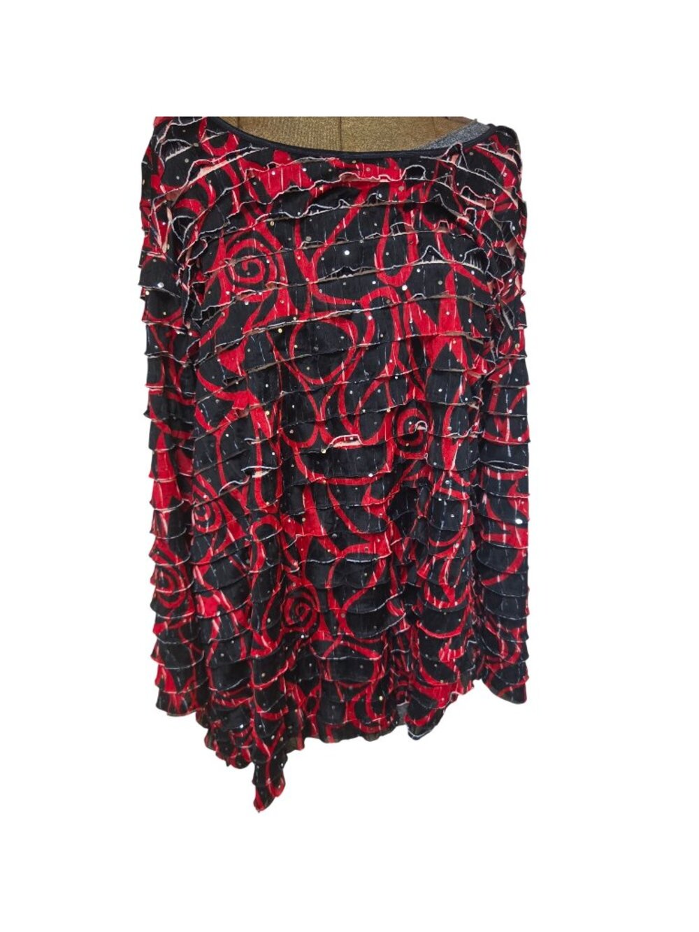 Elementz Tunic Womens Size 3X Black Red Metallic Tiered Ruffle Top Rhinestones